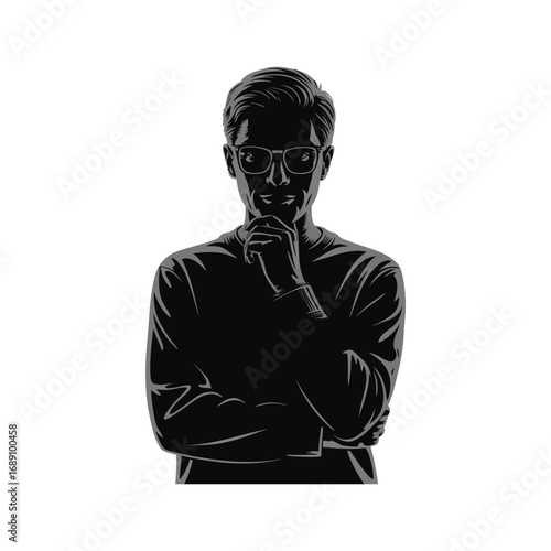 Contemplative Silhouette Illustration of a Young Man with Glasses in a Thoughtful Pose