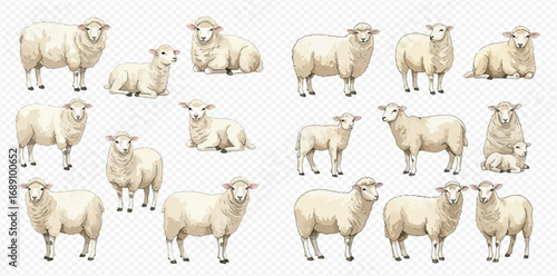 A charming collection of illustrated sheep and lambs in various poses, including standing, sitting, and a ewe with her young.