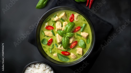 A healthy Thai green curry served in a bowl with rice for a perfect meal