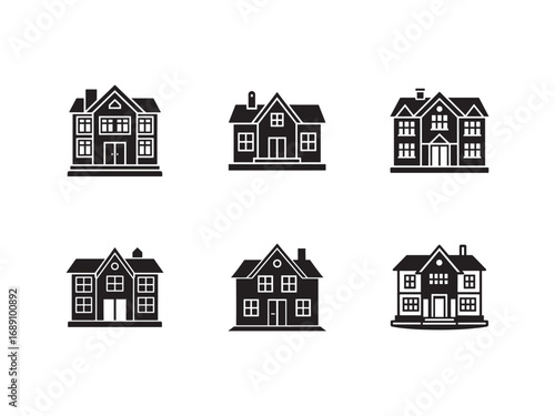 Collection of stylized house illustrations in black and white showcasing different architectural designs and styles for real estate and housing concept