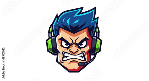Angry Cartoon Mascot Head with Headphones.