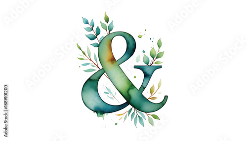 Elegant watercolor ampersand with botanical green leaves, a beautiful vector illustration design element
