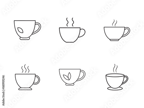 Collection of Tea Cup Icons Depicting Hot Drinks in Minimalist Line Art Style on White Background Suitable for Menu Design and Digital Graphics