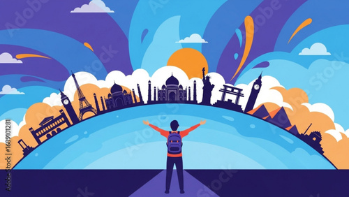 Backpacker stands on path viewing world landmarks against a vibrant sky, symbolizing adventure and exploration with a sense of wanderlust.