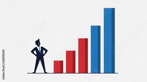 Confident businessman stands before a bar graph showing upward growth on a light background, symbolizing success and ambition in the corporate world.