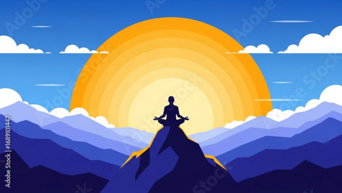 Silhouette of person meditating on mountain peak at sunrise, surrounded by clouds and blue mountains, conveying peace and tranquility.