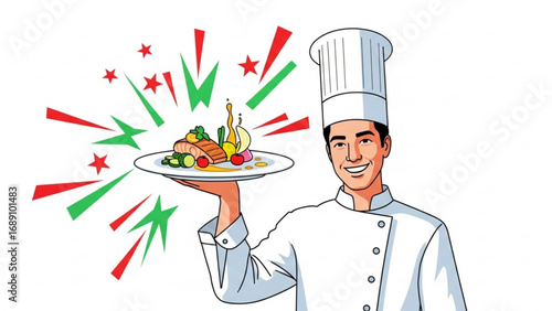 Smiling chef presenting a gourmet dish with colorful garnish on a white plate, radiating culinary excellence and inviting indulgence.