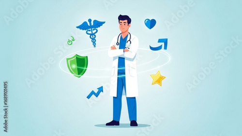 Confident doctor stands with arms crossed amidst medical symbols, representing healthcare, insurance, and wellness in a modern, clean style.