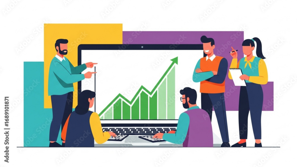 Obraz premium Business team analyzing growth chart on a large screen in modern office, discussing strategy and future success with collaborative and optimistic atmosphere.