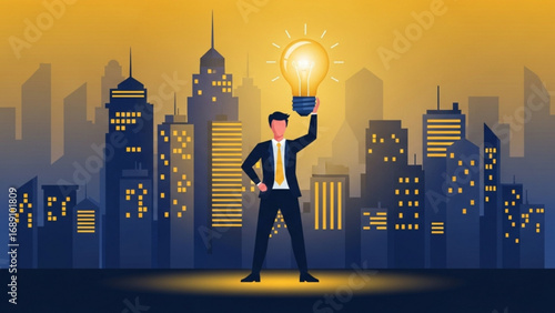 Businessman holding glowing lightbulb stands confidently against city skyline at night, symbolizing innovation and bright ideas for future success.