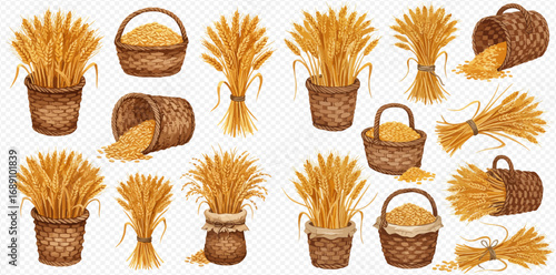An assortment of agricultural illustrations of harvested wheat stalks, sheaves, and grains in rustic wicker baskets.
