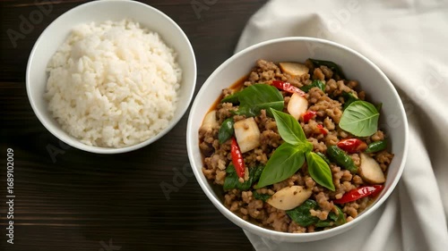 Spicy Thai fried basil with minced pork served on a plate with rice, Phat kaphrao