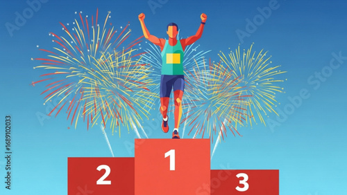 Marathon runner celebrates victory on podium with fireworks exploding in the sky, showcasing achievement and triumph with vibrant colors and energy.