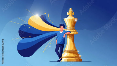 Man leaning against giant golden chess king piece with blue and yellow ribbon flowing in the background, representing strategy and success.