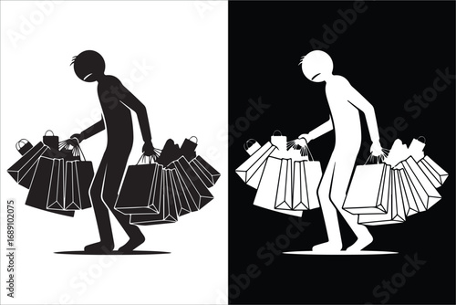 Exhausted Stick Figure Carrying Shopping Bags