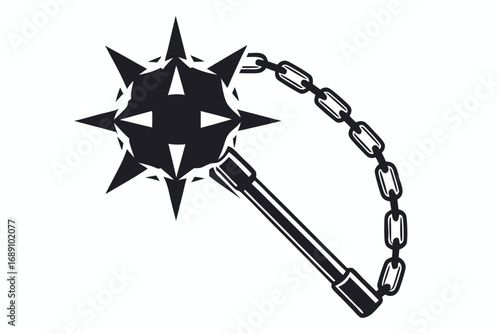 Spiked Mace Weapon Design with Chain Detail on a White Background