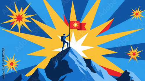 Silhouette of a hiker planting a flag on a mountain peak against a backdrop of exploding stars, symbolizing achievement and triumph in a challenging environment.