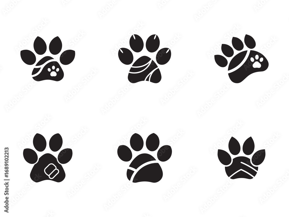 Fototapeta premium Collection of Unique Paw Print Illustrations in Black and White for Animal and Pet Themed Designs and Graphics