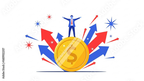 Businessman stands atop a giant gold coin with arrows pointing upwards, symbolizing financial success and growth in a dynamic market environment.