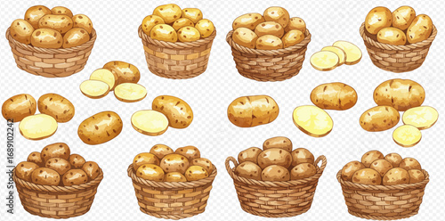 A watercolor collection of fresh raw potatoes, both whole in wicker baskets and sliced, isolated on a transparent background.