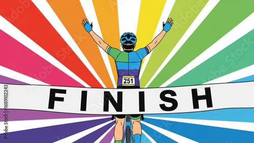 Cyclist crossing finish line with arms raised in victory against rainbow burst, celebrating achievement and success in vibrant competition.