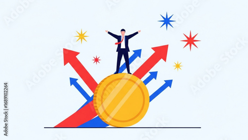 Businessman stands triumphantly on a large gold coin with arrows pointing upwards, symbolizing financial success and achievement in a competitive market.