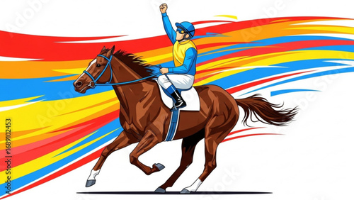 Jockey riding a horse wins the race with arm raised in victory against a colorful abstract backdrop, celebrating success and achievement.