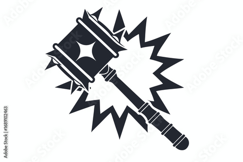 Spiked Mace Weapon Silhouette, Cartoon Style Combat Icon on White Background