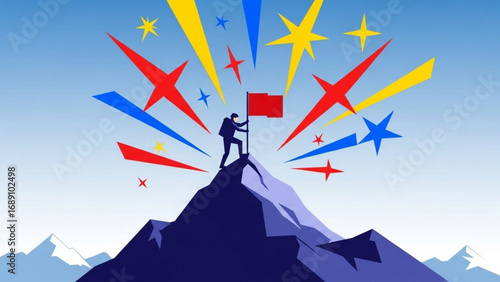 Mountaineer plants flag on mountain peak under exploding stars, symbolizing achievement and success with vibrant colors and dynamic energy.