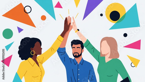 Diverse team members highfiving in celebration of success against a colorful geometric backdrop, symbolizing teamwork and achievement.