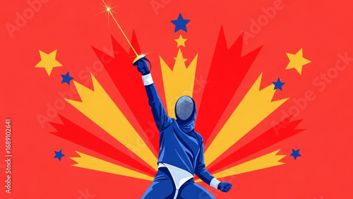 Fencer celebrates victory with raised sword against a backdrop of bursting stars, symbolizing triumph and achievement in the world of competitive fencing.