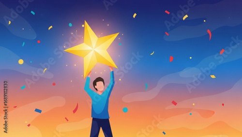 Man holding a shining star high up in the sky during a celebration with confetti falling, representing success and achievement.