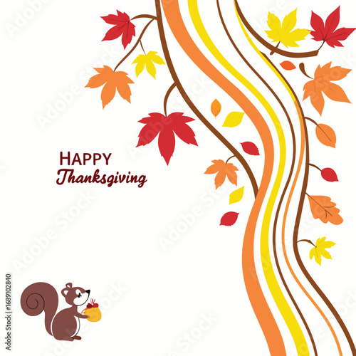 Cute cartoon squirrel delivers a harvest gift surrounded by autumn leaves and colorful tree pattern