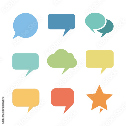 Collection of colorful speech bubbles and other graphic elements.