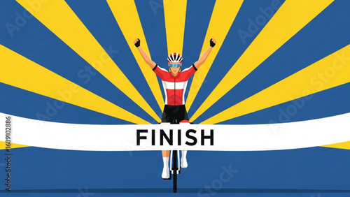 Cyclist crossing finish line with arms raised in victory against blue and yellow sunburst backdrop, celebrating achievement and success.