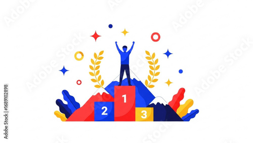 Silhouette of person celebrating victory on top of podium with laurel wreath and stars, symbolizing success and achievement in a competitive environment.