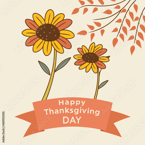 Happy Thanksgiving illustration with yellow flowers and orange leaves, vintage aesthetic design