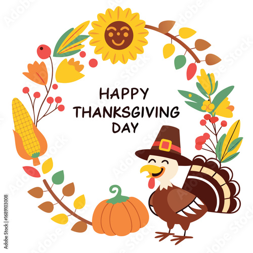 Festive Thanksgiving wreath features a happy turkey, smiling sunflower, pumpkin, and autumn foliage