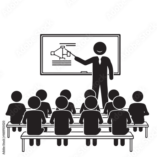 Stick Figure Teacher in Front of Students in a Classroom
