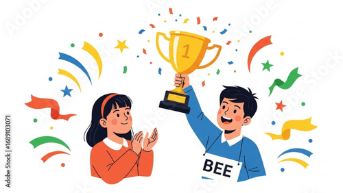 Boy holding up golden trophy after winning spelling bee competition with confetti falling, celebrating success and achievement with joyful expression.