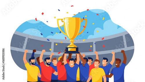 Victorious team holding golden trophy aloft in stadium after winning championship, celebrating with confetti and cheers, creating a joyful and triumphant scene.