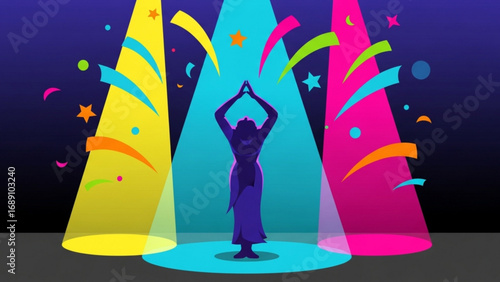 Silhouette of a dancer performing under colorful spotlights with confetti falling, creating a vibrant and celebratory atmosphere.