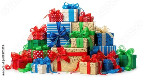 A large pile of brightly wrapped gift boxes with colorful ribbons