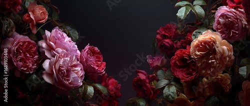 Wallpaper Mural High-resolution hyper-realistic photography with dark background, roses on image sides, flowers on both picture sides, pink and red roses, dark tones, large dark wall, panoramic photograph, wide-angle Torontodigital.ca