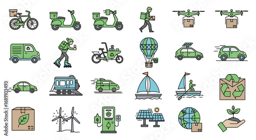 A set of colorful line icons representing eco-friendly transportation, green delivery services, and renewable energy sources.