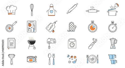A set of minimalist line art icons with color accents depicting various kitchen utensils and cooking equipment.