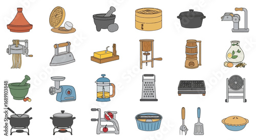 Collection of colorful kitchen and food preparation tools, from various cultures and eras.