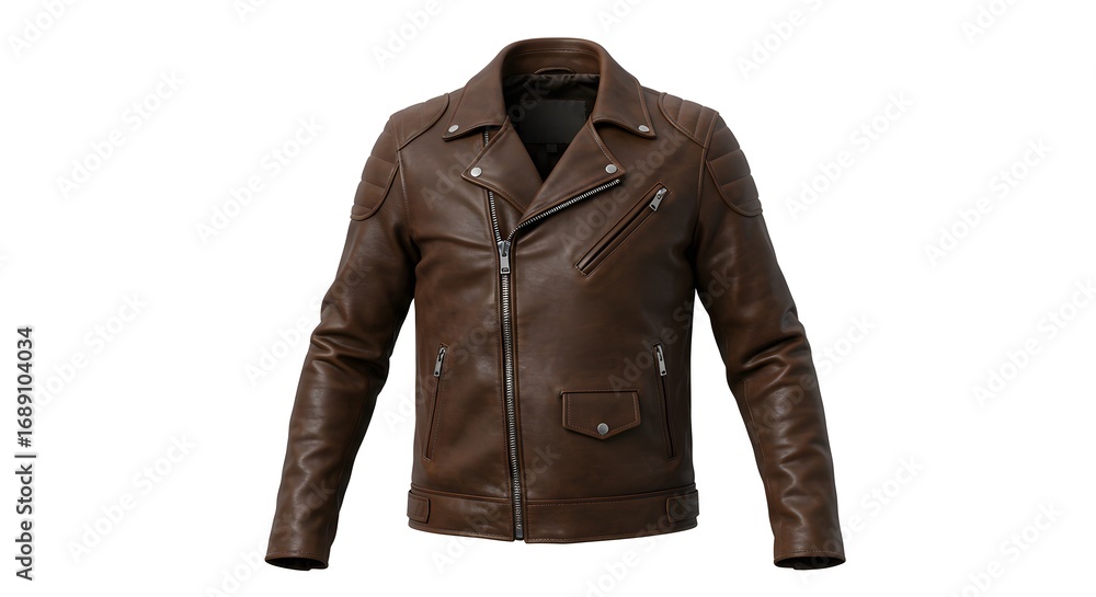 Naklejka premium Classic Brown Leather Biker Jacket Isolated on White Background
