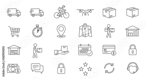 A collection of line art icons representing various aspects of delivery and logistics services, including vehicles, drones, packages, and customer service elements.