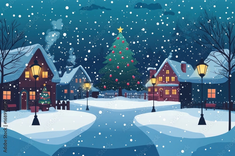 Fototapeta premium Christmas illustration decorated village.